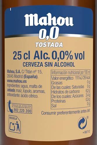 Tabla nutricional detallada de Mahou 0,0 Tostada