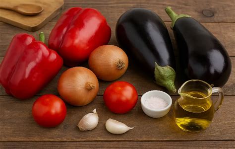 Ingredientes frescos para escalivada: berenjenas, pimientos, cebolla, ajo, tomate y aceite de oliva