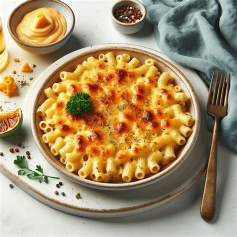 Plato de macarrones con queso recién horneados y gratinados