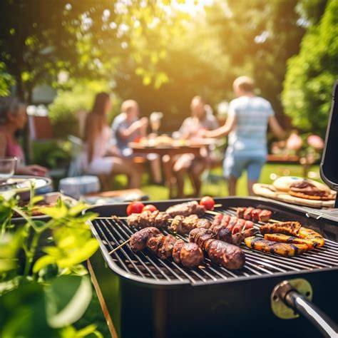 Familia y amigos disfrutando de una barbacoa en el jardín