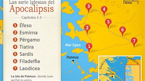 Mapa de las siete iglesias del Apocalipsis en Asia Menor