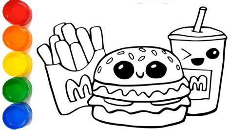 Dibujo para colorear de hamburguesas y patatas fritas kawaii con ojos grandes y mejillas sonrojadas