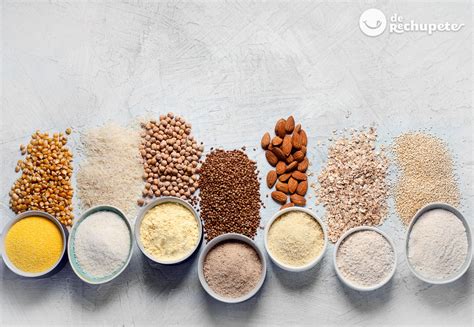 Muestra de diferentes harinas sin gluten: almendra, arroz, maíz, mijo