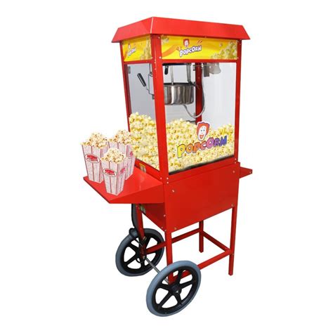 Carrito de palomitas con ruedas grandes y compartimento de almacenamiento