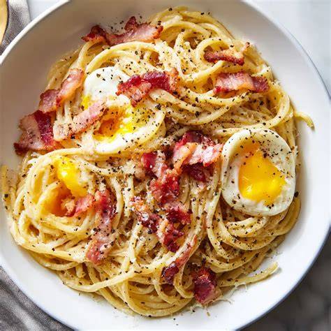 Proceso de mezcla de pasta, guanciale y salsa de huevo