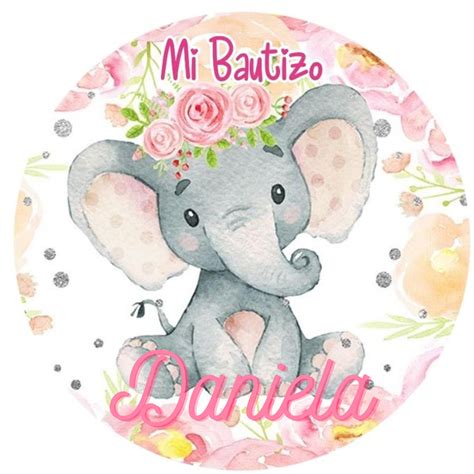 Oblea personalizada de elefante rosa y gris para bautizo