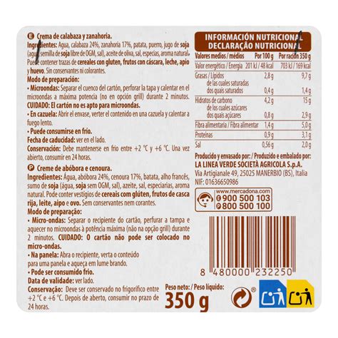 Semáforo nutricional de la crema de calabaza y espárragos