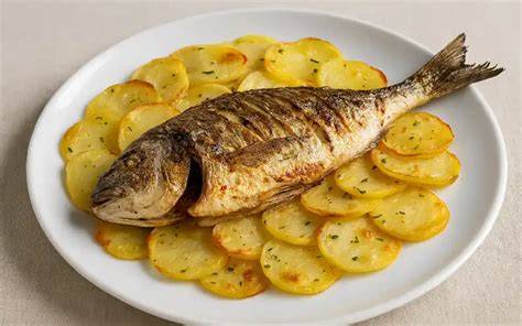 Besugo entero en una fuente de horno con patatas y cebolla