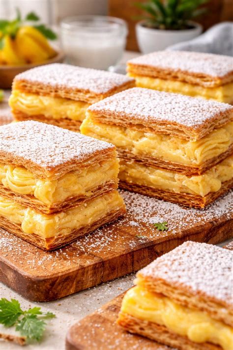 Capas de hojaldre y crema pastelera en un milhojas