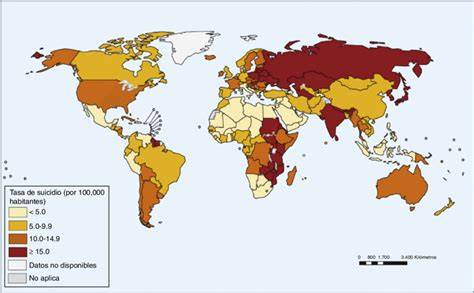 Mapa mundial de tasas de suicidio por país
