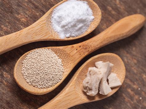 Diferencias entre levadura de panadería (biológica) y levadura química (polvos de hornear).