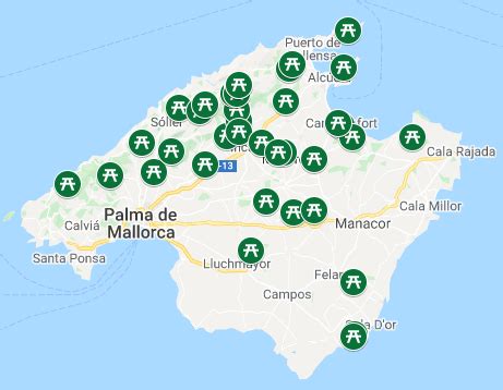 Mapa de áreas recreativas con barbacoa en Mallorca