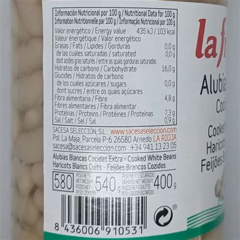 Información nutricional de las alubias blancas cocidas