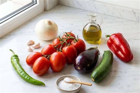 Ingredientes frescos para pisto: calabacín, pimiento, tomate, cebolla, berenjena