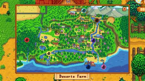 Ilustración de las distintas ubicaciones en Stardew Valley donde se pueden encontrar galletas doradas
