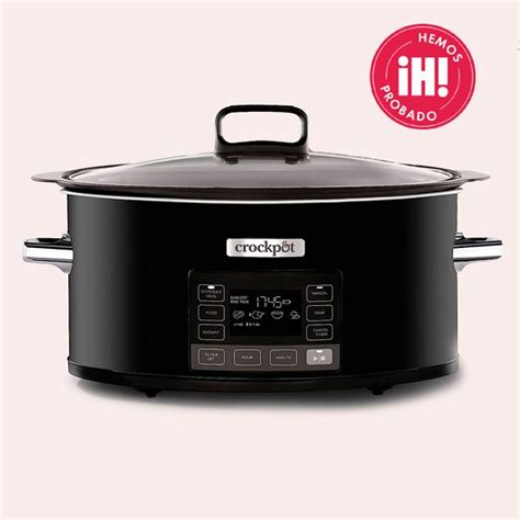 Esquema de una olla de cocción lenta con sus componentes: recipiente interior, cuerpo exterior, tapa y panel de control.