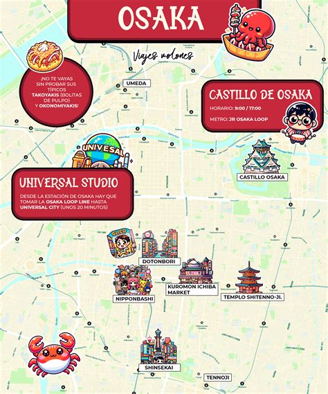 Mapa de Osaka con zonas recomendadas para takoyaki