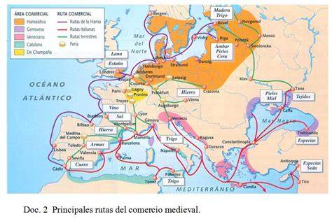Mapa de las principales rutas comerciales medievales que influyeron en la gastronomía europea