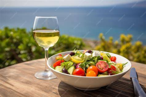Copa de vino blanco junto a una ensalada de queso feta
