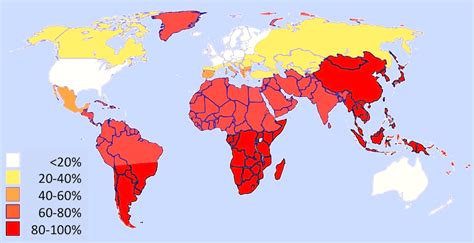 Mapa de incidencia de intolerancia a la lactosa en el mundo