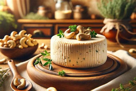 Queso vegano de anacardos sobre una tabla de madera
