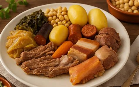 Plato de cocido tradicional humeante servido en una mesa rústica