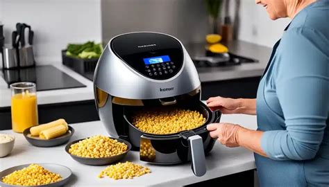 Granos de maíz siendo cocinados en una freidora de aire