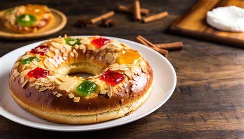 Roscón de Reyes decorado con azúcar y frutas confitadas