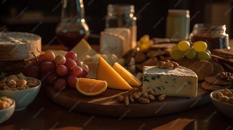 Variedad de quesos en una tabla con acompañamientos