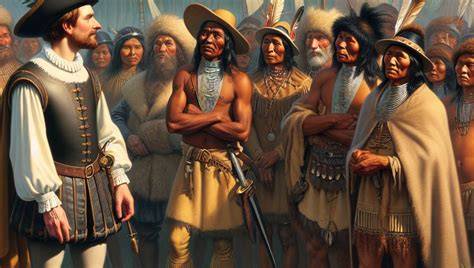 Ilustración histórica de colonos y nativos americanos cultivando calabazas