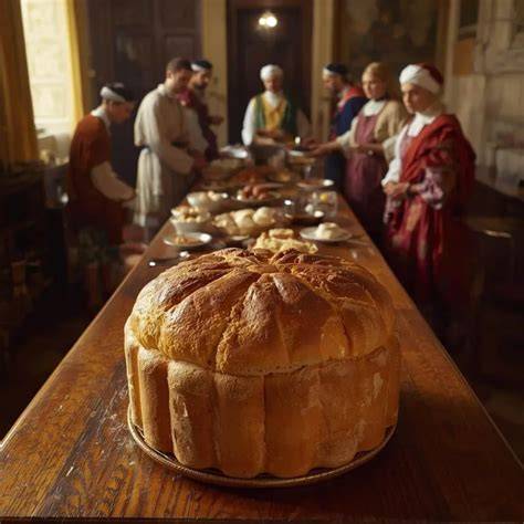 Escena de un panettone en la mesa de un palacio de la antigua Milán, Italia