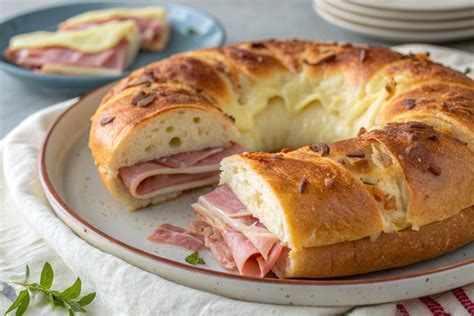 rosca de jamón y queso recién horneada