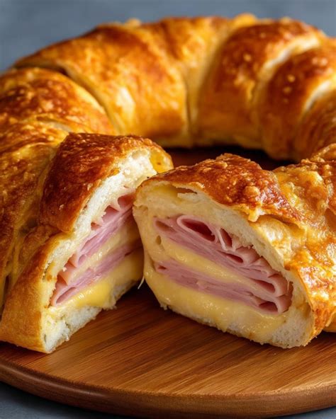 rosca de jamón y queso cortada mostrando el relleno