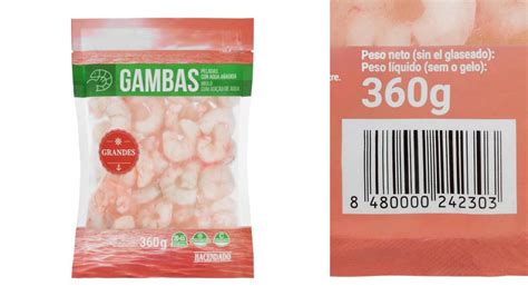 Envase de gambas peladas con etiqueta detallada