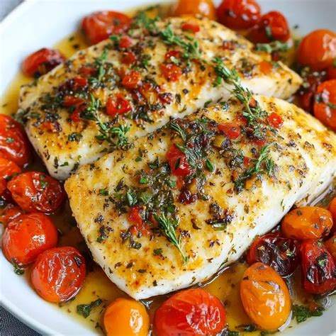 Filetes de pescado horneados con tomates cherry y hierbas