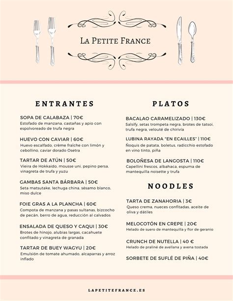 Menú de restaurante francés con platillos de vegetales