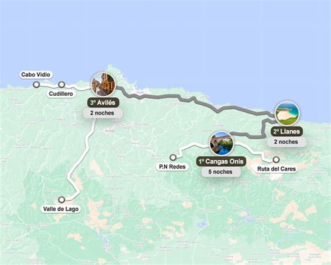 Mapa de ruta por la Asturias occidental mencionando Betanzos, Ribadeo, Vegadeo y Cangas del Narcea