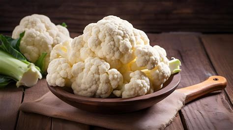 Coliflor fresca en un plato de madera