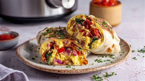 Burritos de desayuno recién hechos con salsa