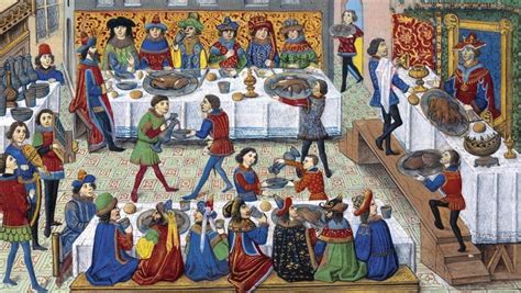 Nobleza en un banquete medieval con músicos y sirvientes
