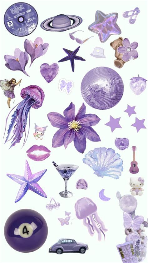 Collage de elementos estéticos morados pastel