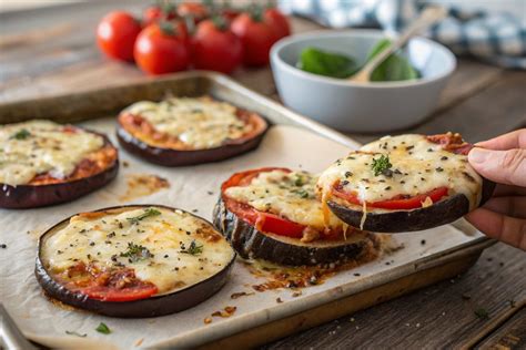 Mini pizzas de berenjena en una bandeja para hornear