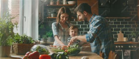 Niño ayudando a sus padres a preparar una ensalada