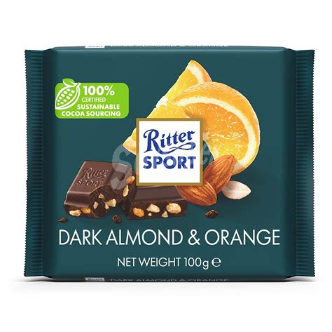 Tabletas de chocolate negro con almendras y naranja
