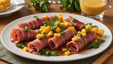 Rollitos de jamón con mango y rúcula