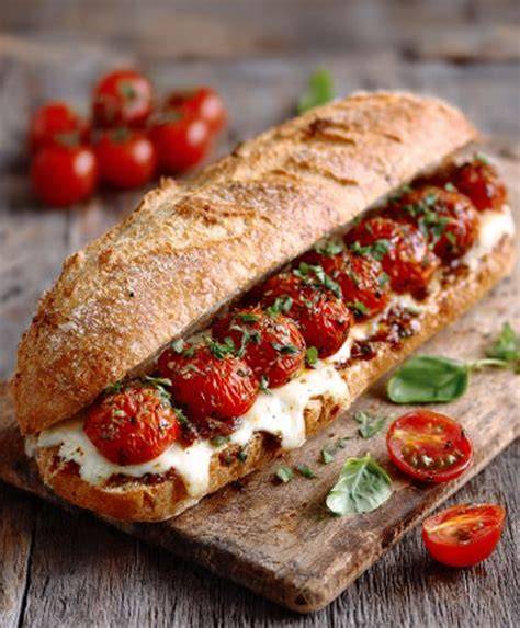 Bocadillo gourmet con tomates asados y queso