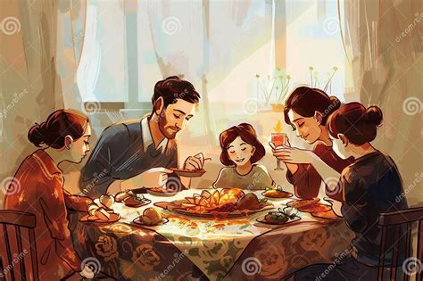 Ilustración de una familia reunida alrededor de una mesa disfrutando de café de puchero