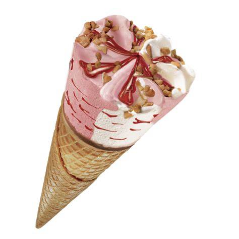 Cono de helado de fresa y nata con textura cremosa