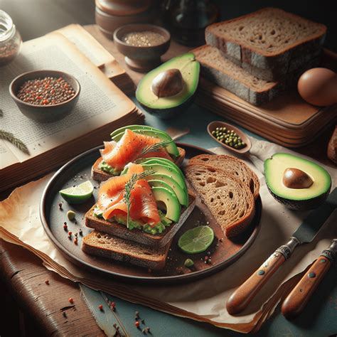 Plato con pan de centeno, salmón ahumado y aguacate