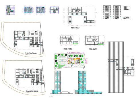 Plano arquitectónico de un edificio de usos mixtos con oficinas y zonas verdes